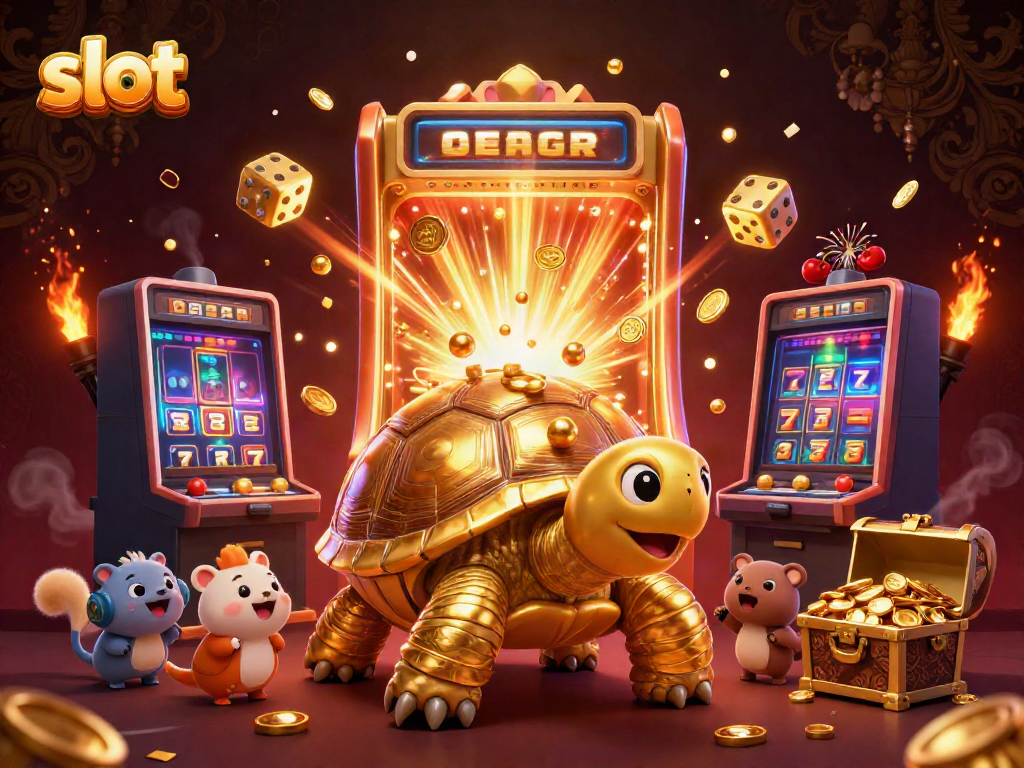 Exciting slot gaming scene with a tortoise pinball, jackpot slot machine, and a queue of eager players.