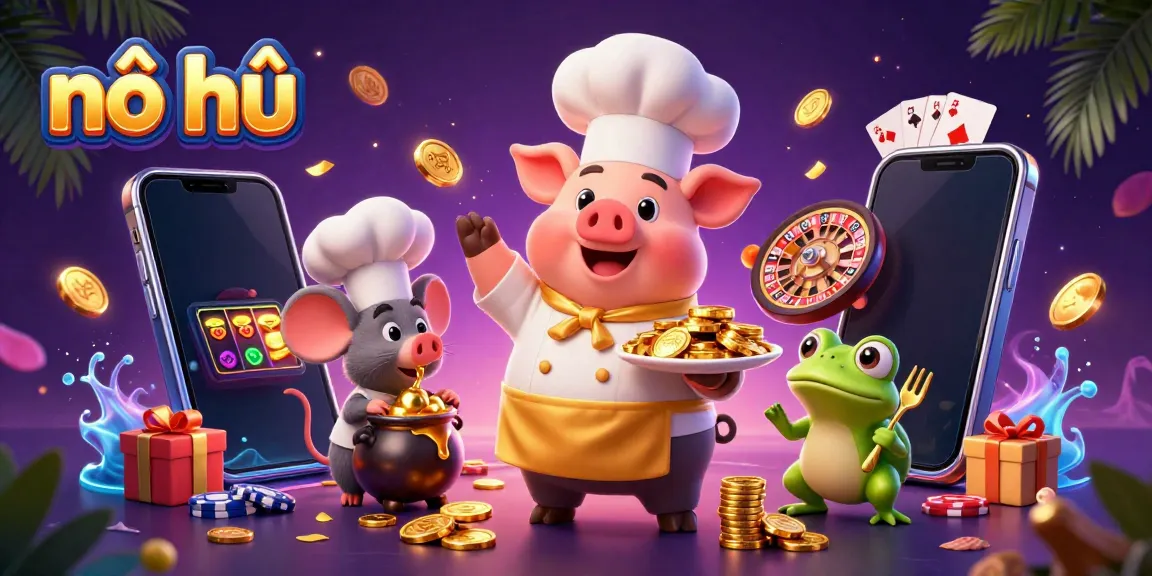Experience nổ hũ with a vibrant, dynamic 3D illustration showcasing playful characters and exciting gaming elements.