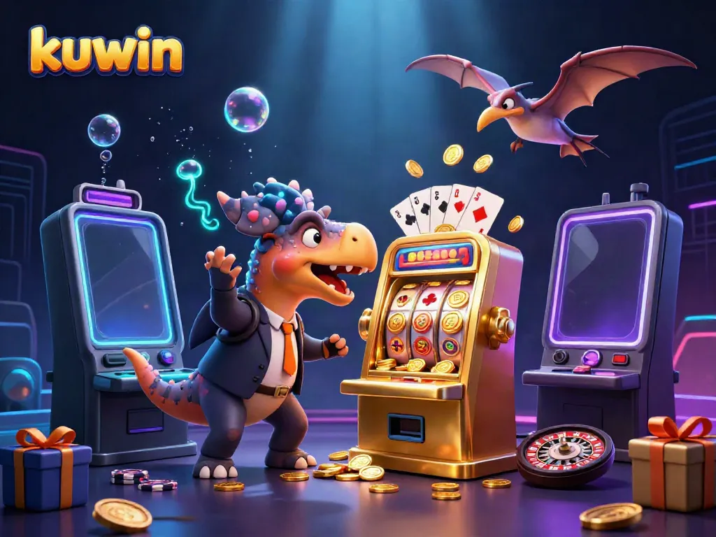 Kuwin's thrilling casino scene with dinosaurs headbutting a slot machine amidst flying coins and game elements