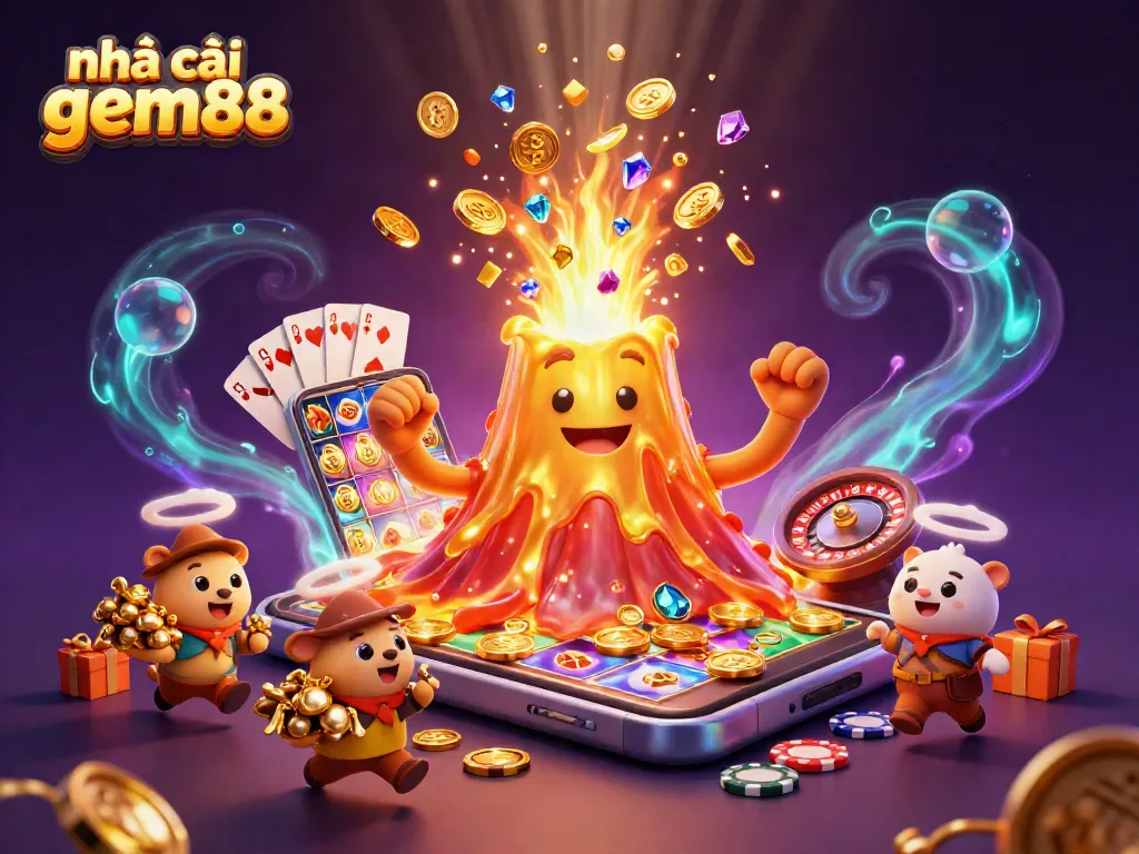 Experience the excitement with nhà cái gem88 as coins and treasure erupt dynamically from a golden volcano.