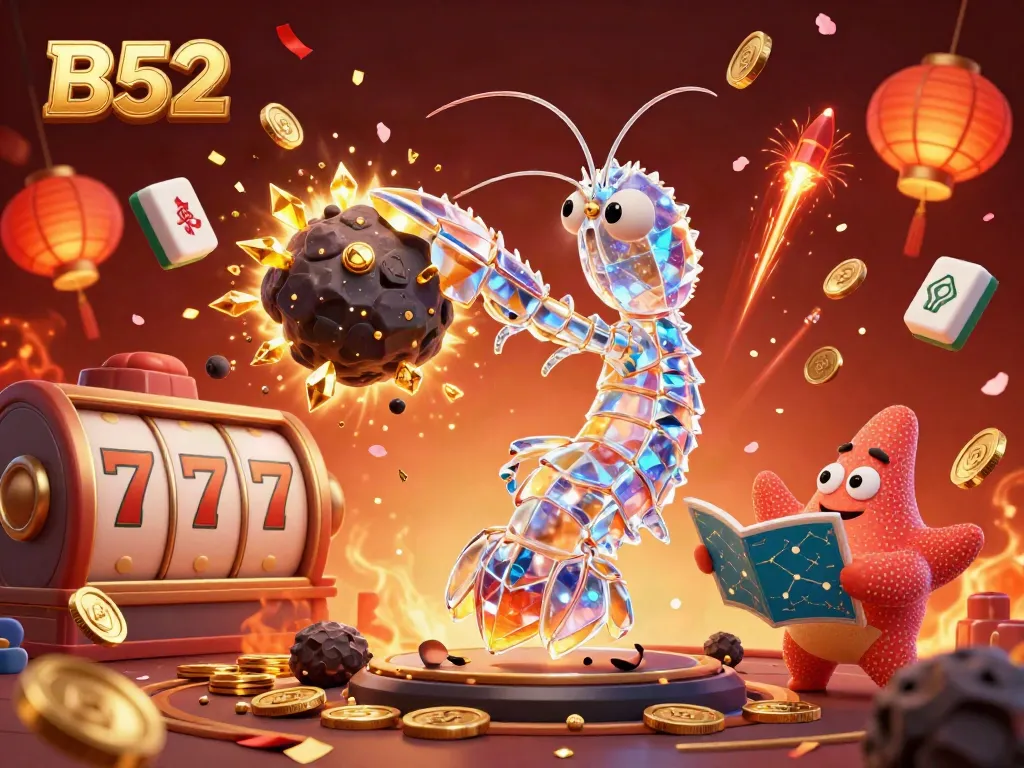 Experience thrilling rewards with B52 through a vibrant casino scene featuring a galactic mantis shrimp and festive elements.