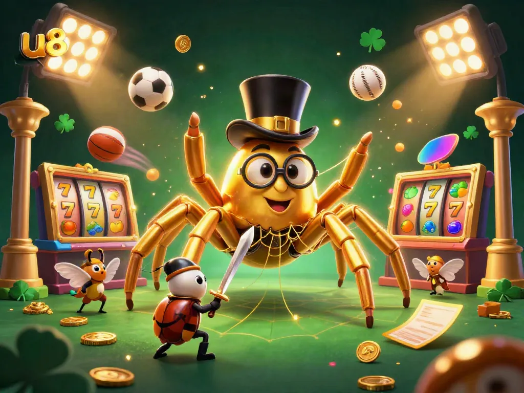 Engage with exciting slots at u888 while a golden tarantula and beetle knight intertwine in a vibrant casino scene.