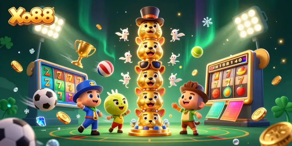 Xo88 features a lively scene with a golden totem pole, sports balls, and casino game elements depicting online gambling excitement.