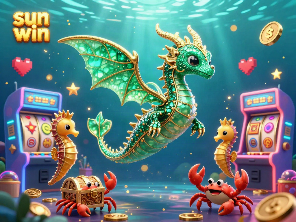 Engage with sun win's vibrant underwater casino scene featuring a majestic sea dragon and exciting gaming elements.