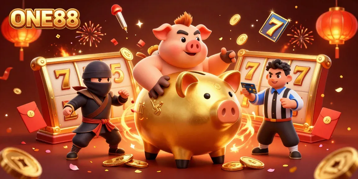 Experience thrilling slots at ONE88 with a golden piggy bank sumo wrestler and dynamic game elements.