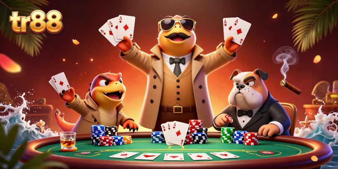 Experience thrilling poker action at tr88 with 3D cartoon raptors in a trench coat entering a VIP lounge.