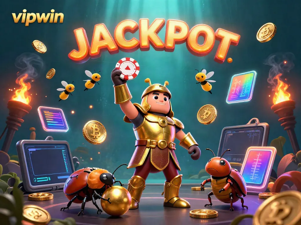Experience winning at vipwin with a detailed illustration of a victorious beetle in a golden casino scene.