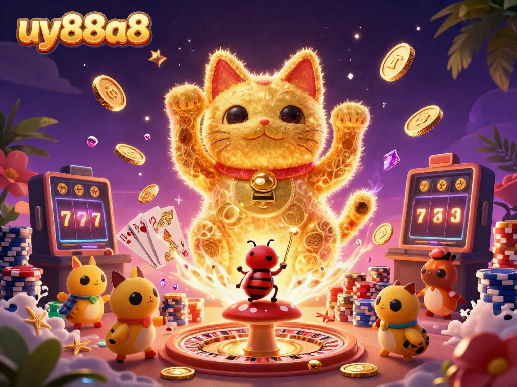 Experience the thrill of uy88a8 as golden fireflies create a lucky cat amidst casino symbols.