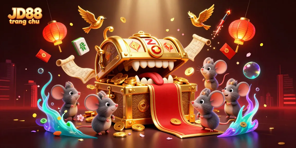 Experience the thrill of JD88 trang chu with a vibrant illustration showcasing a golden treasure chest, slot reels, and festive casino elements.