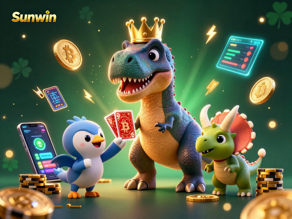 Engage in thrilling gaming at Sunwin while a friendly T-Rex deals cards in a vibrant 3D casino scene.