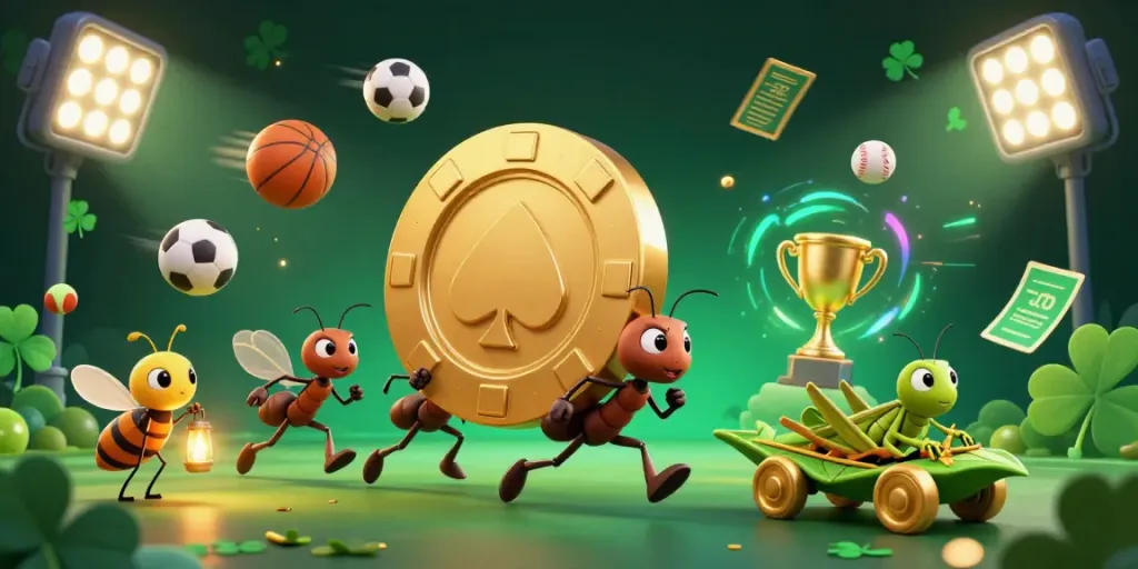 Engage with the vibrant scene of game Nbet featuring ants on a heist, surrounded by dynamic sports elements.