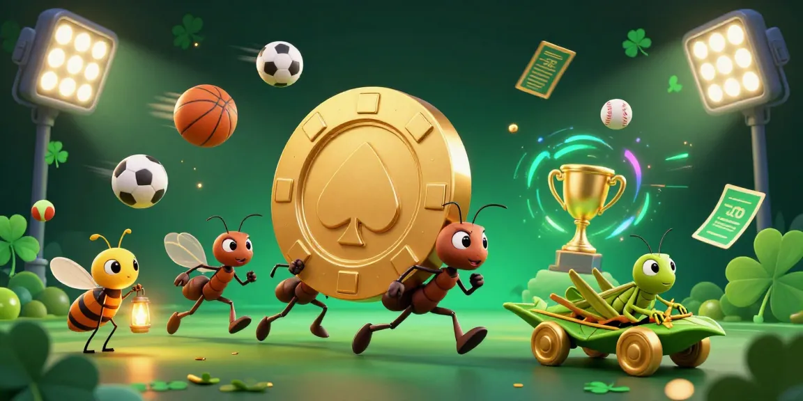 Engage with the vibrant scene of game Nbet featuring ants on a heist, surrounded by dynamic sports elements.