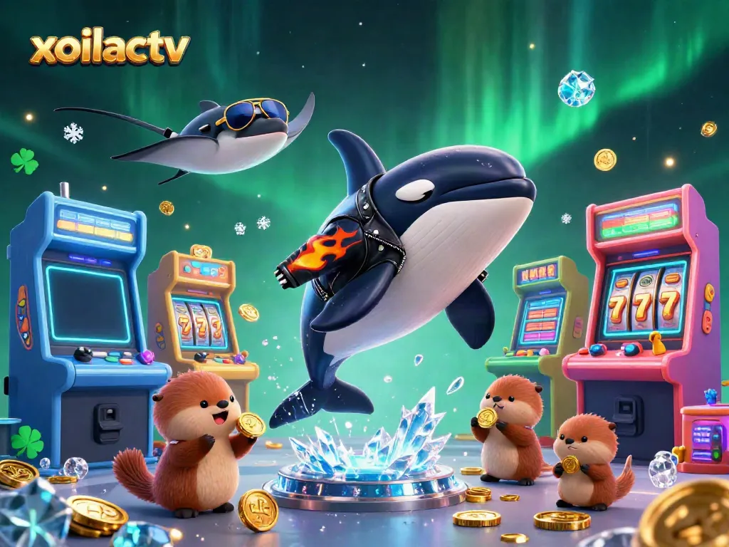 Xoilactv shows an orca whale, stingray, and sea otters amidst vibrant casino game elements, emphasizing excitement.