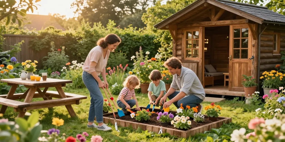 Zufriedenes Familienleben um ein Gartenhaus, mit Blumen und grüner Umgebung.