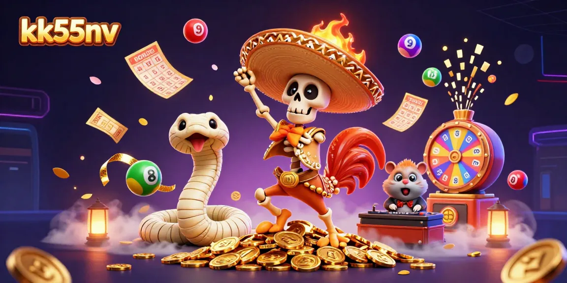 Experience thrilling gaming with kk55nv, featuring dynamic illustrations of lucky symbols and festive characters.