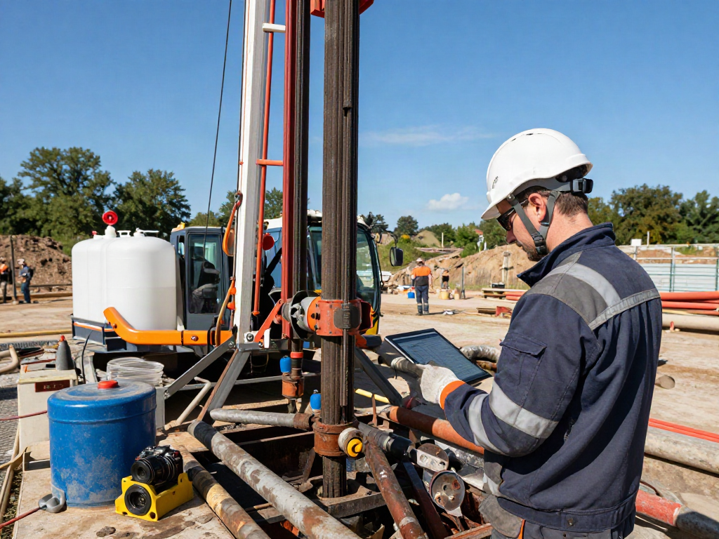 Brunnenbohrungen an einer Baustelle mit Bohrgerät und Techniker, der Daten erfasst.