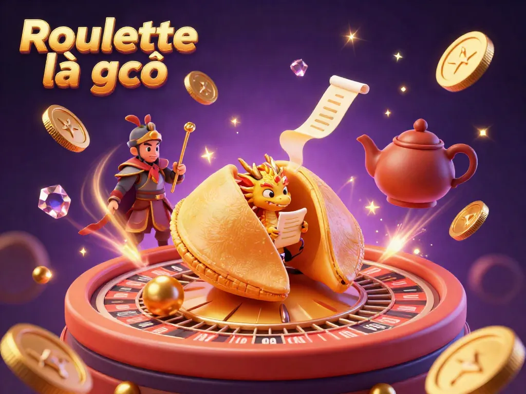 Engaging scene illustrating Roulette là gì with a spinning roulette wheel, golden coins, and a dragon, depicting casino excitement.