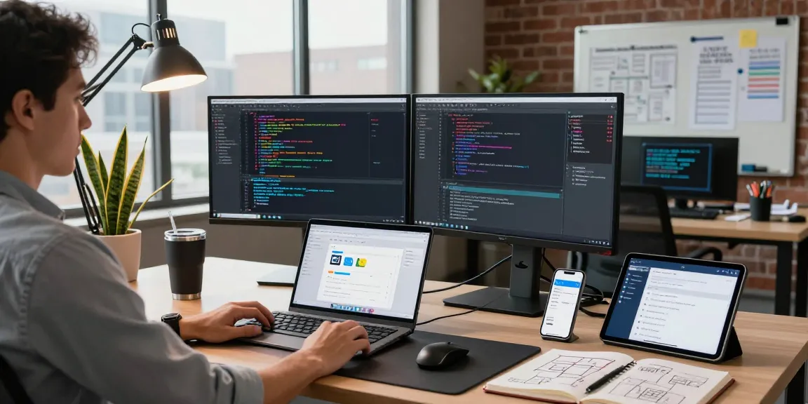 Webanwendung beauftragen in einer modernen Software-Entwicklungsumgebung mit Dualmonitoren und Codierungstools.