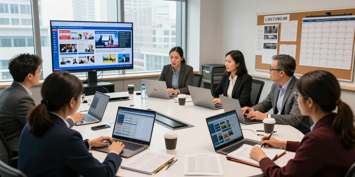 Newsbochum newsroom scene with journalists collaborating on stories and analytics