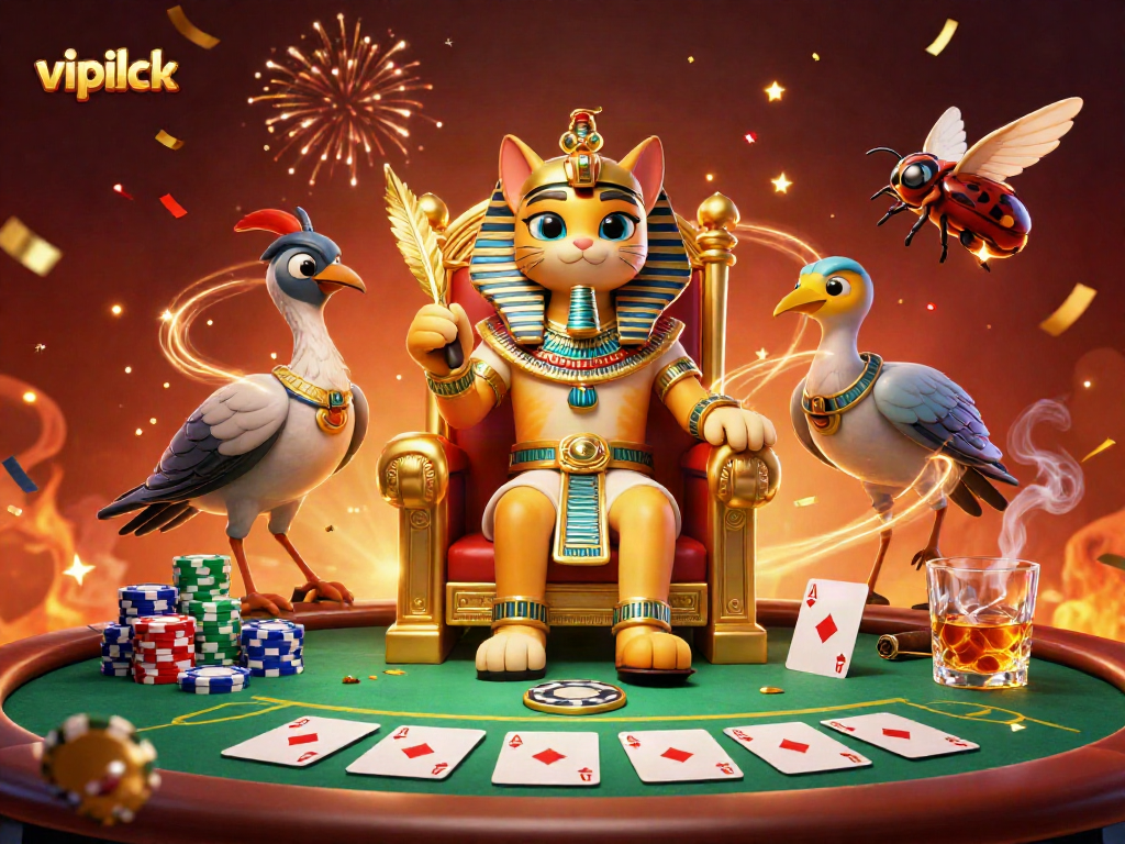 Experience excitement with vipluck in animated gambling scene, featuring unique characters and rich gaming elements.