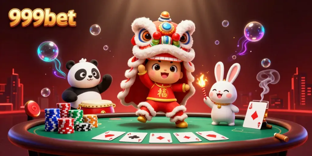 Engage with thrilling 999bet casino experiences featuring a lively scene of casino elements and festive characters.
