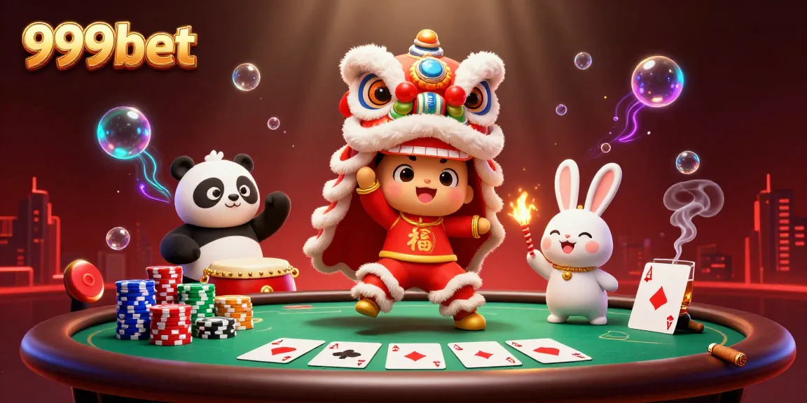 Engage with thrilling 999bet casino experiences featuring a lively scene of casino elements and festive characters.