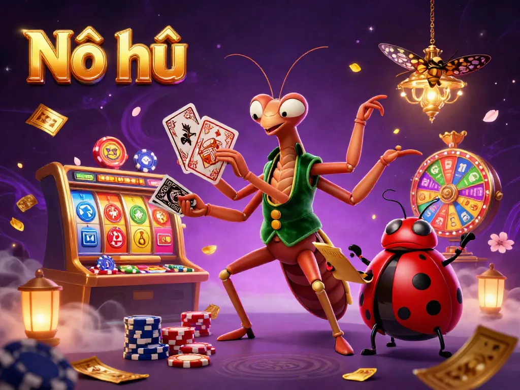 Experience the thrill of Nổ hũ with dynamic slot reels and cartoon characters in an engaging casino scene.