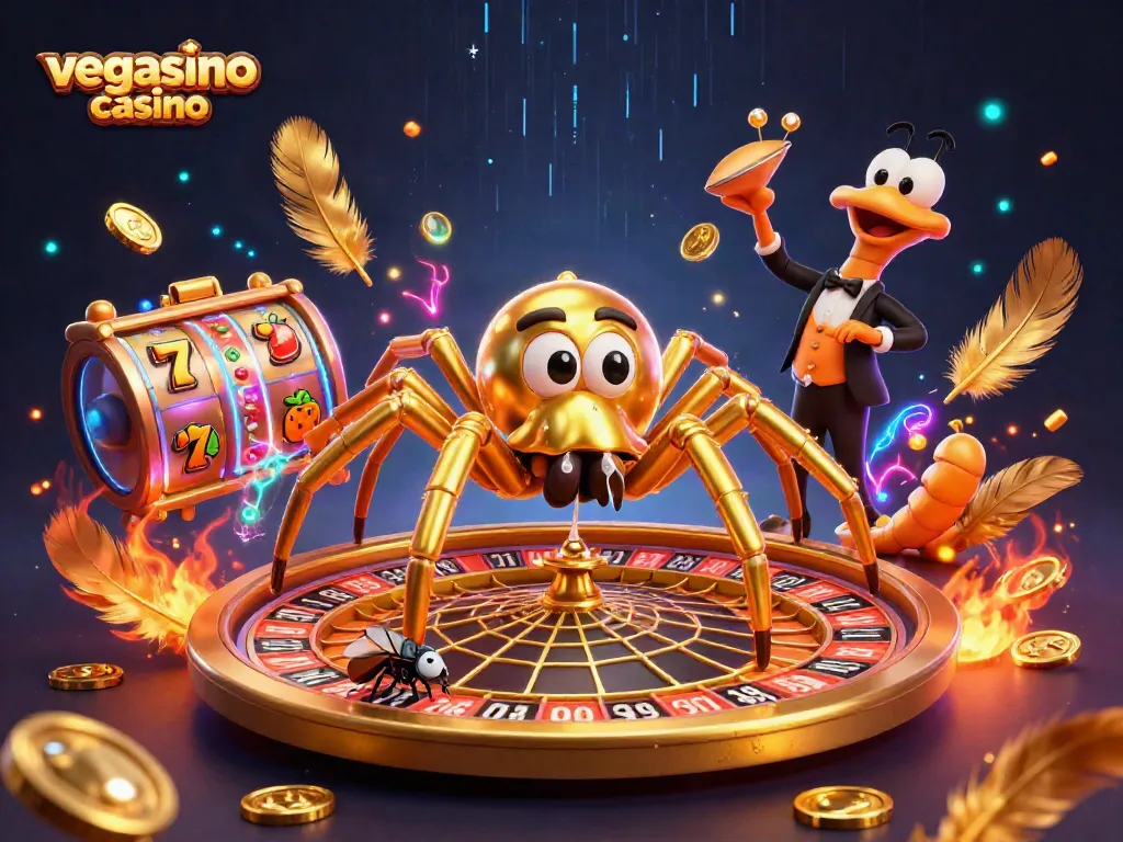 Experience thrilling bets at vegasino casino with a dynamic roulette wheel scene, featuring mystical characters.