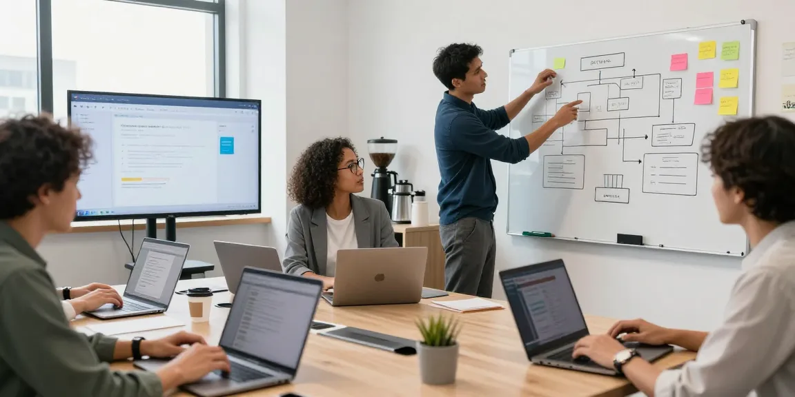 Team collaborating to build internal tools with AI in a modern office, showcasing a vibrant workspace.