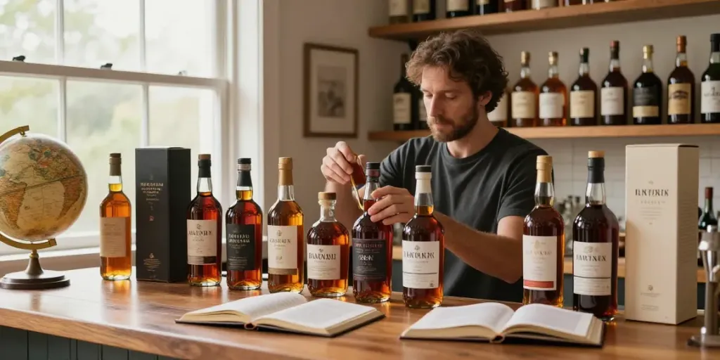 Ein Sammler organisiert seine Rum Sammlung in einer stilvollen Bar mit Holzregalen und eleganten Flaschen.