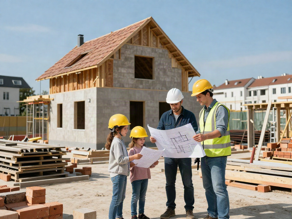 Familie besichtigt Pläne für den Hausbau Wien auf einer Baustelle mit Bauunternehmer.