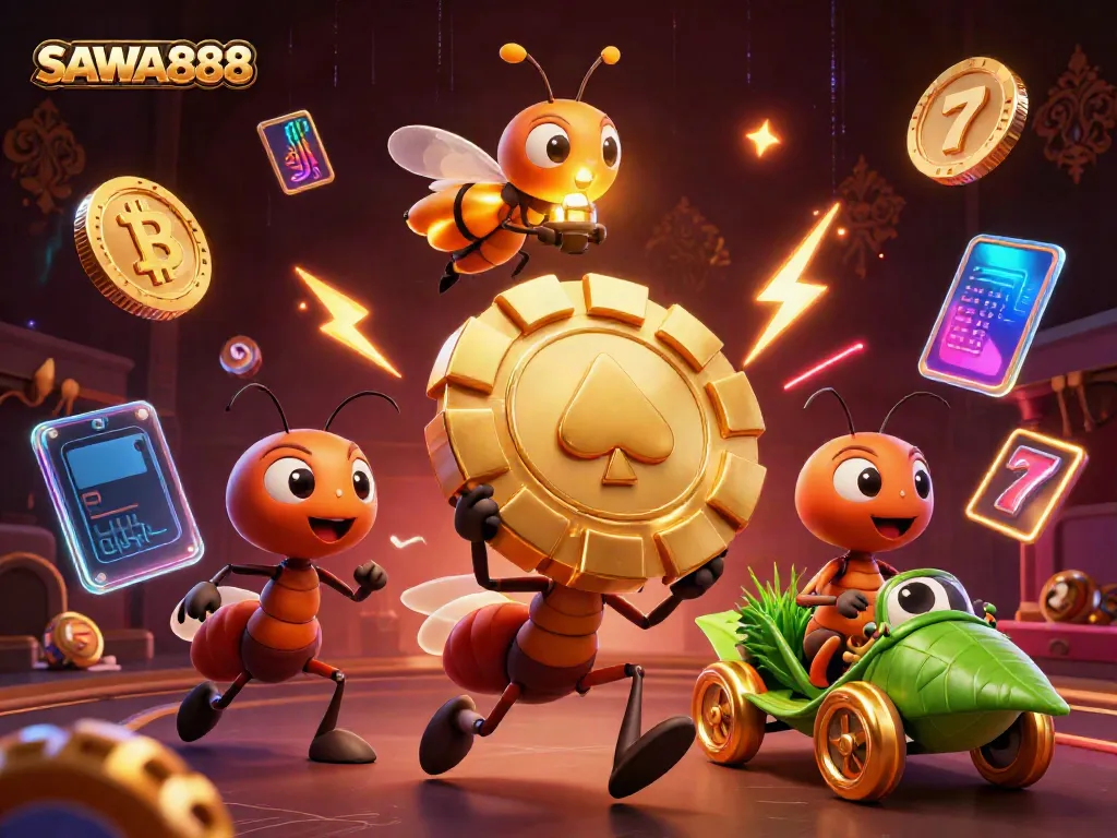 Ants heist through a tunnel carrying a poker chip, embodying the spirit of SAWA888's online gaming.