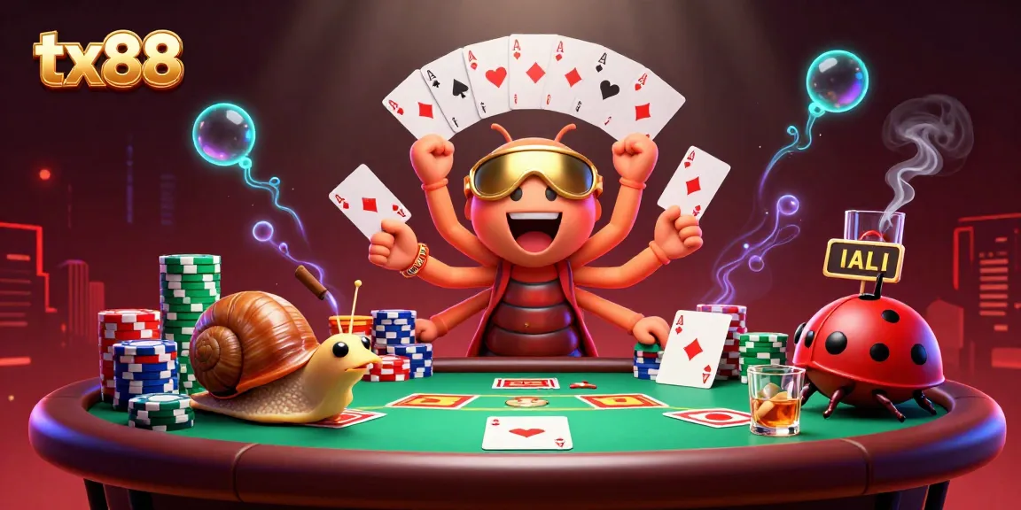 Experience vibrant casino action with tx88's colorful dealer and chip stacks.