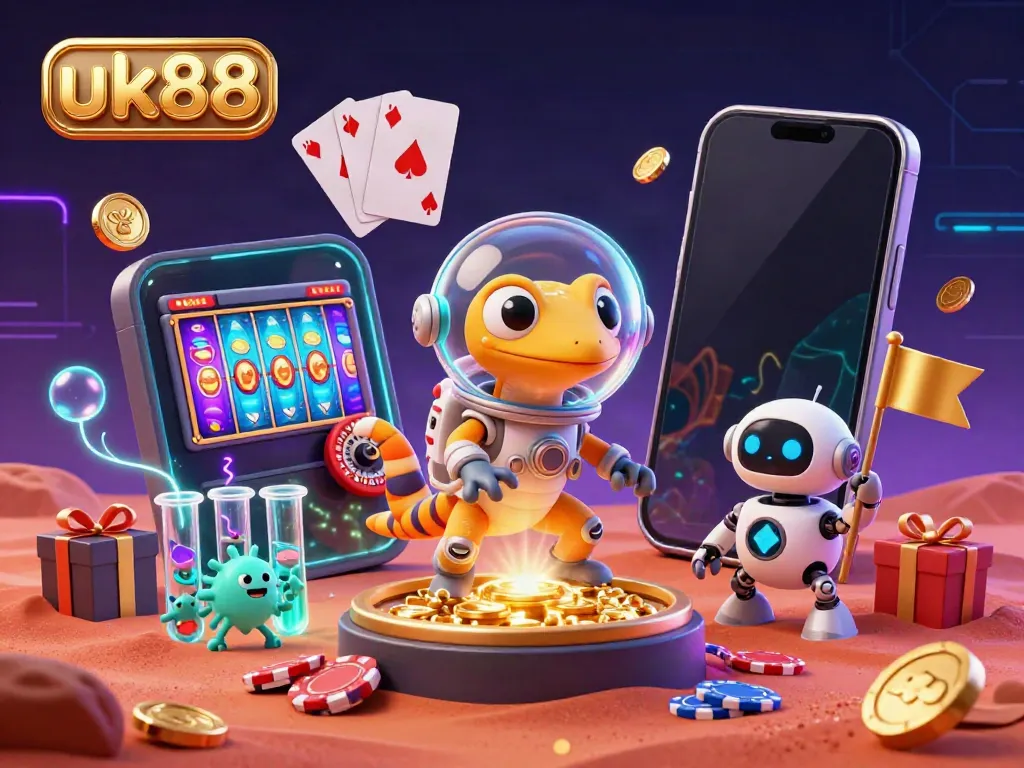 Experience the vibrant excitement of uk88 with a 3D Martian gecko discovering a golden casino.
