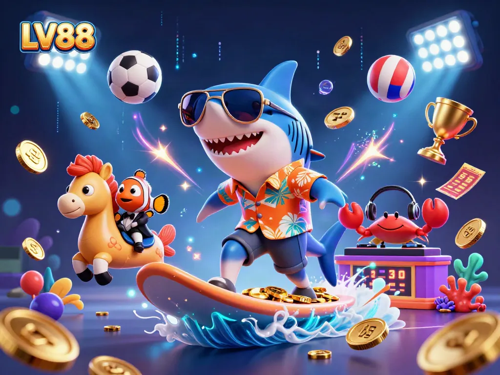 Catch the excitement with LV88 as a shark surfs on gold coins amidst dynamic sports elements.