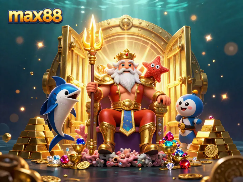 Experience the excitement of max88 gaming with Neptune and treasures in a vibrant underwater scene.
