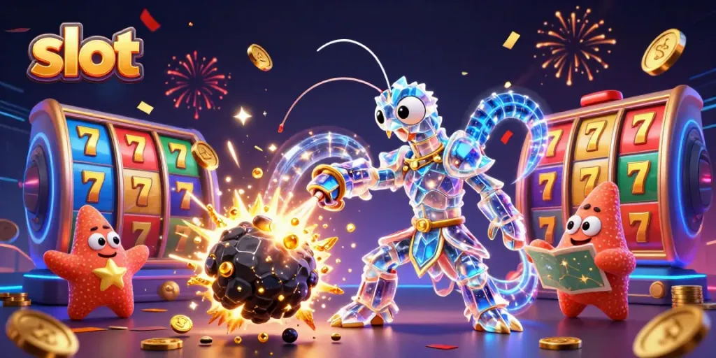 Engaging slot scene showcasing a galactic samurai mantis shrimp amidst a vibrant explosion of gold coins and slot elements.