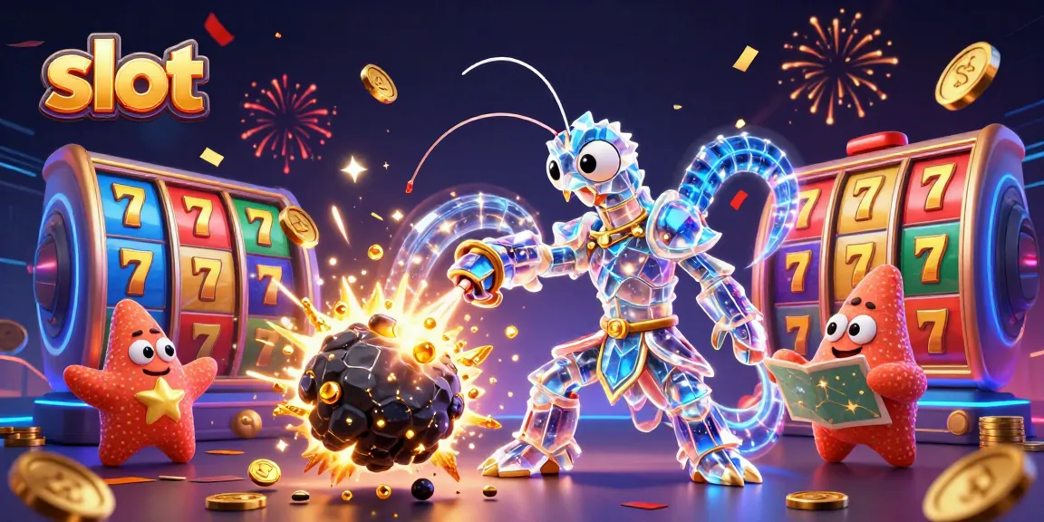 Engaging slot scene showcasing a galactic samurai mantis shrimp amidst a vibrant explosion of gold coins and slot elements.