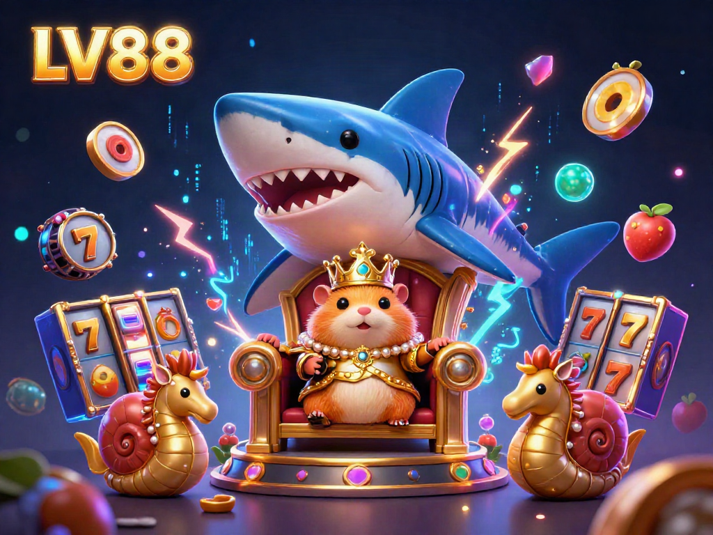 Experience the thrill of LV88 slots with the golden hamster king on his megalodon throne.