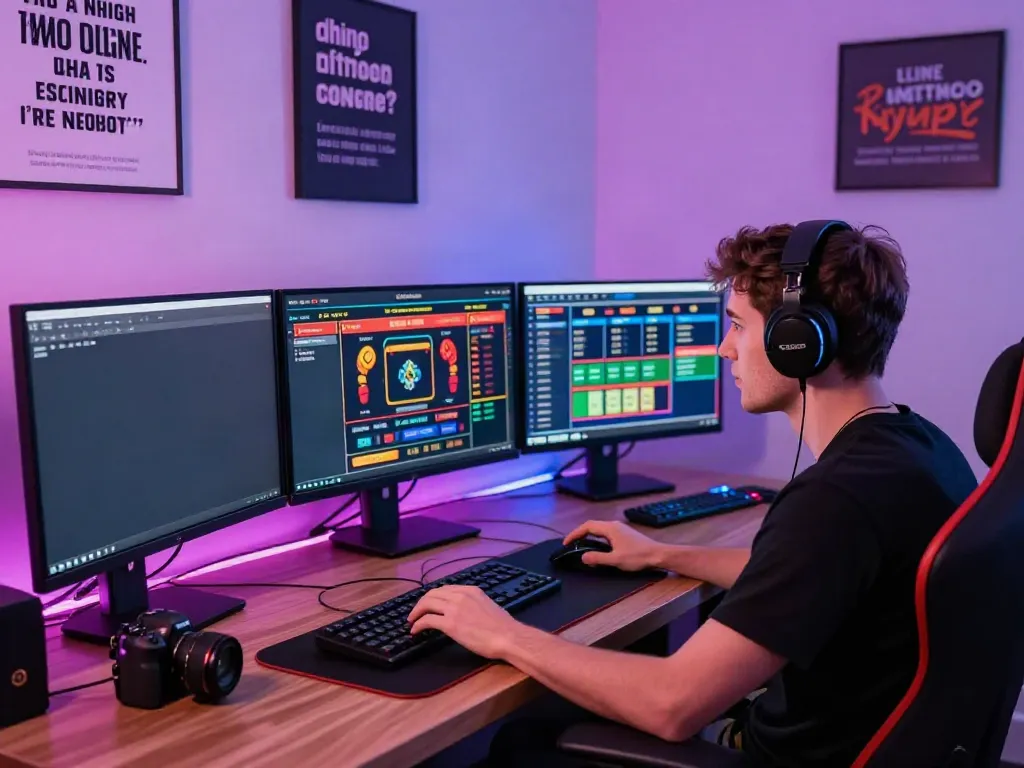 Engaged player at computer screen viewing uk88.ad online betting platforms in a vibrant gaming setup.