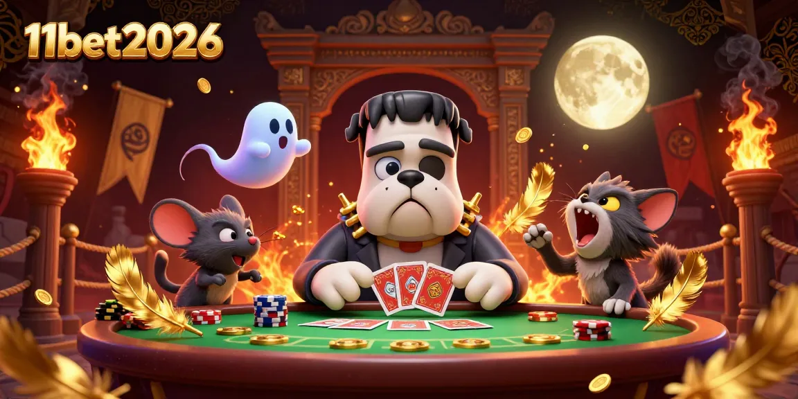 Experience thrilling action with 11bet2026 in this vibrant casino illustration of a monster dealing cards.