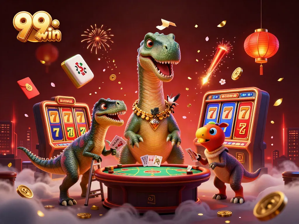 Engage in thrilling games at 99 win, where a dinosaur watches a lively poker game