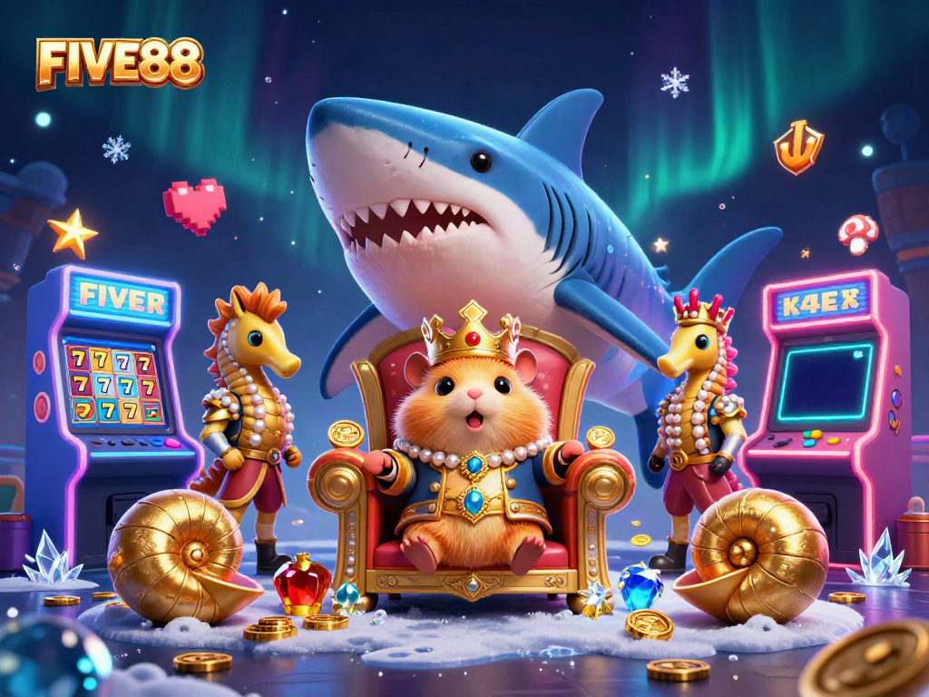 Play exciting slot games with FIVE88's cartoon representation featuring a golden hamster king and gaming elements.