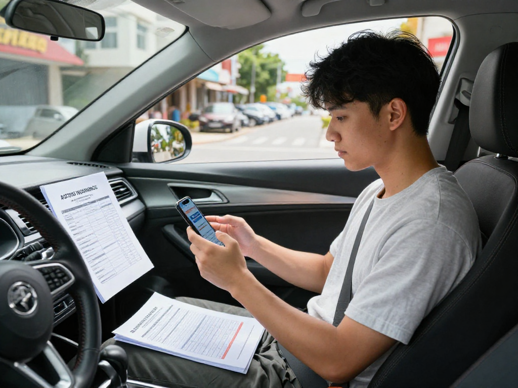 Der junge Autofahrer vergleicht Autoversicherungen auf seinem Smartphone in einem modernen Auto in Dortmund.