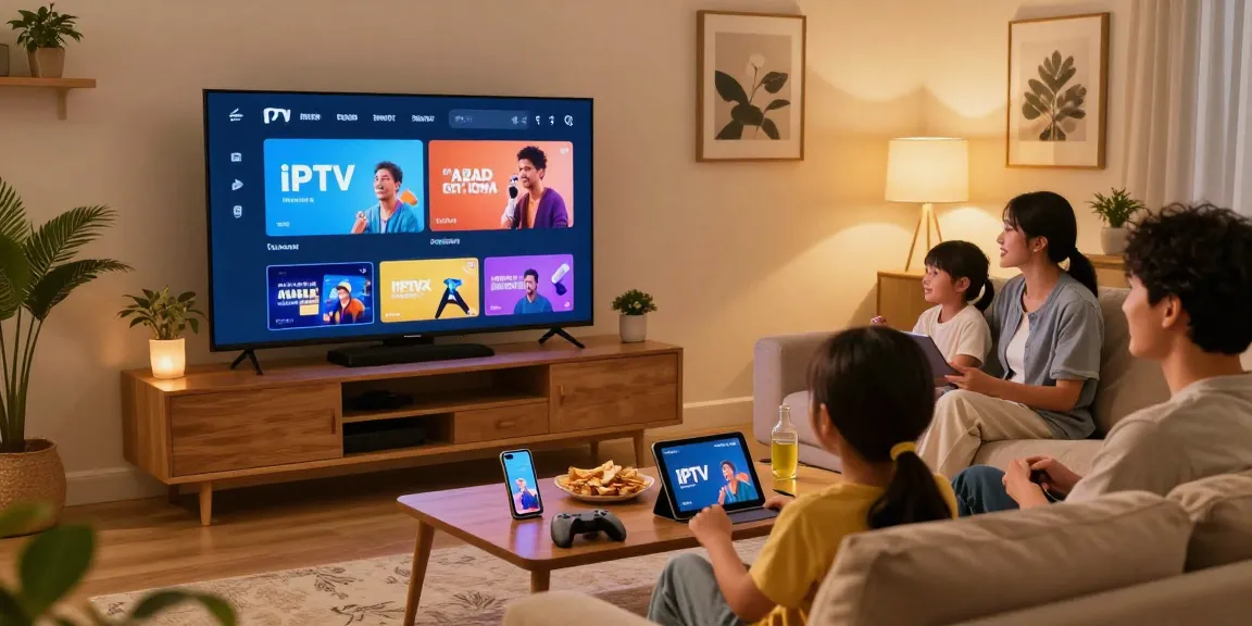 Familie genießt IPTV kaufen im Wohnzimmer mit großem Smart TV und Snacks.
