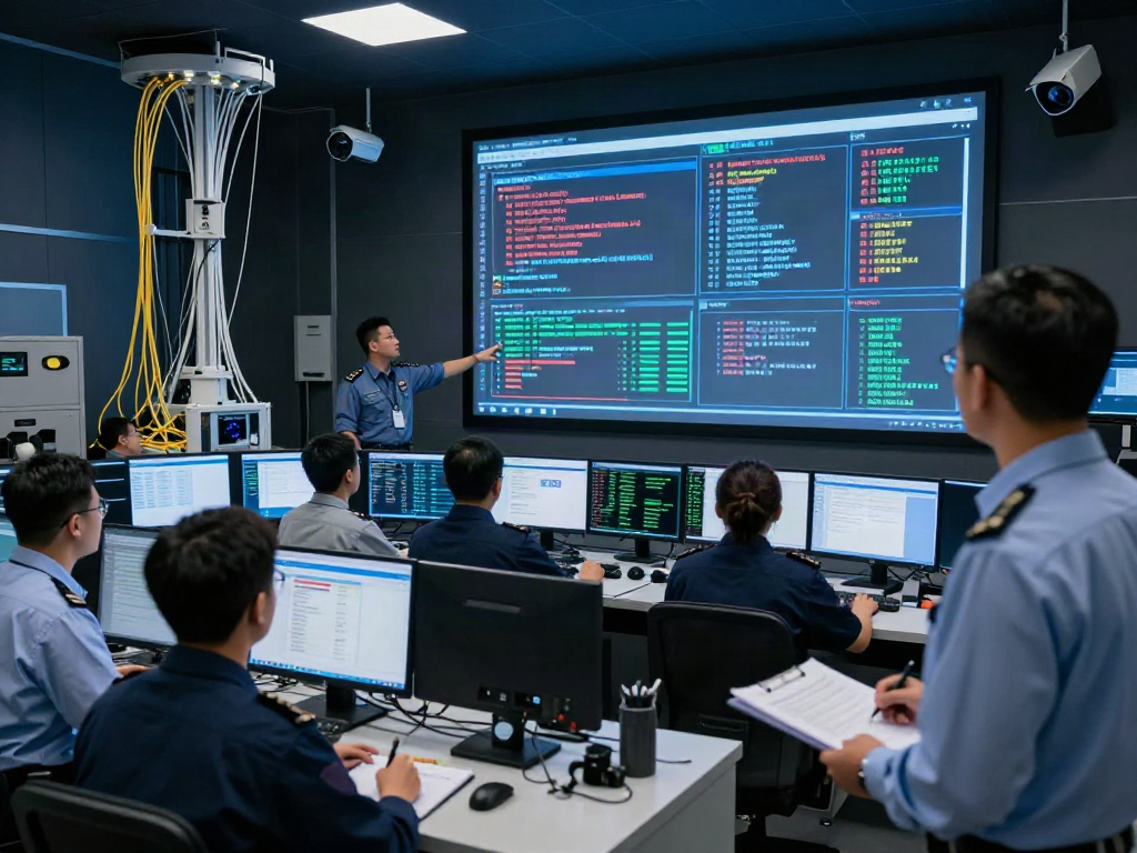 Perimeterüberwachung in einem modernen Sicherheitszentrum mit Technikern, die Daten analysieren.