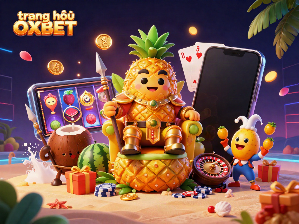 Engage with the vibrant scene at trang chủ OXBET, showcasing a golden pineapple king and joyful characters in an energetic casino adventure.