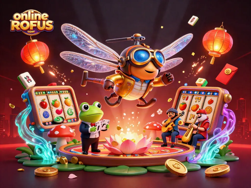 Engage with online casino uden ROFUS, featuring vibrant 3D elements, slots, and a lively casino atmosphere.