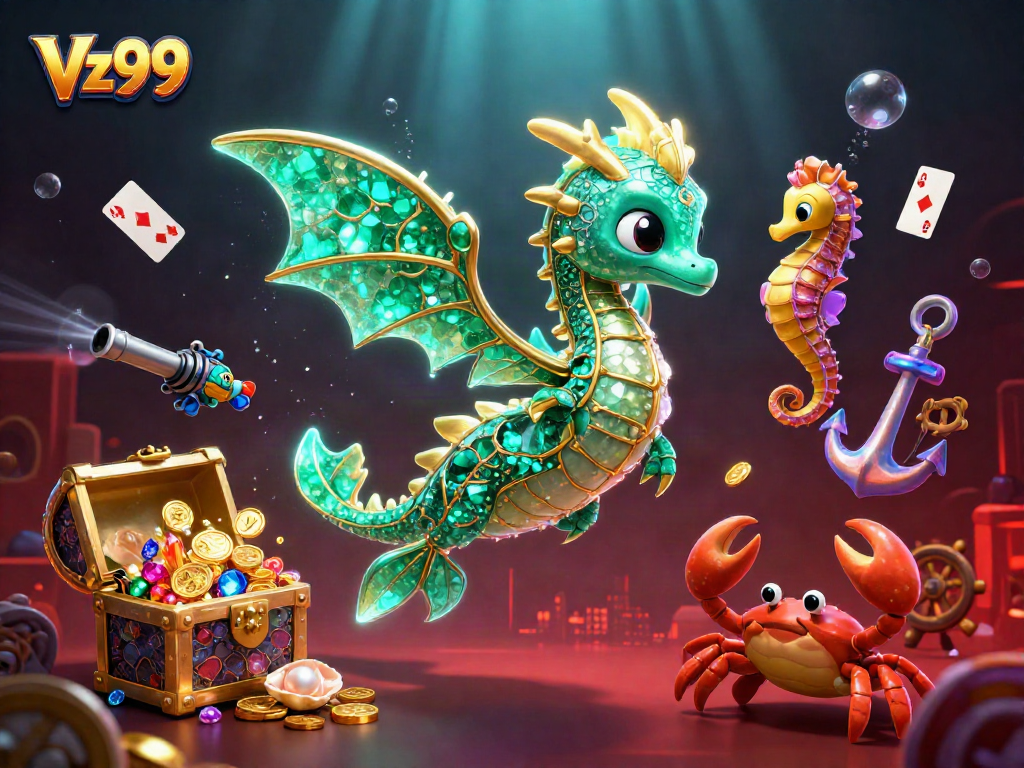 Experience thrilling wins at Vz99 with a vibrant underwater casino scene featuring character-rich illustrations.