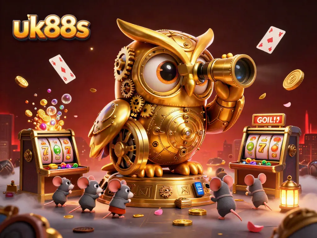 Engage in thrilling gameplay at uk88s with a detailed scene of a golden owl and whimsical casino elements.